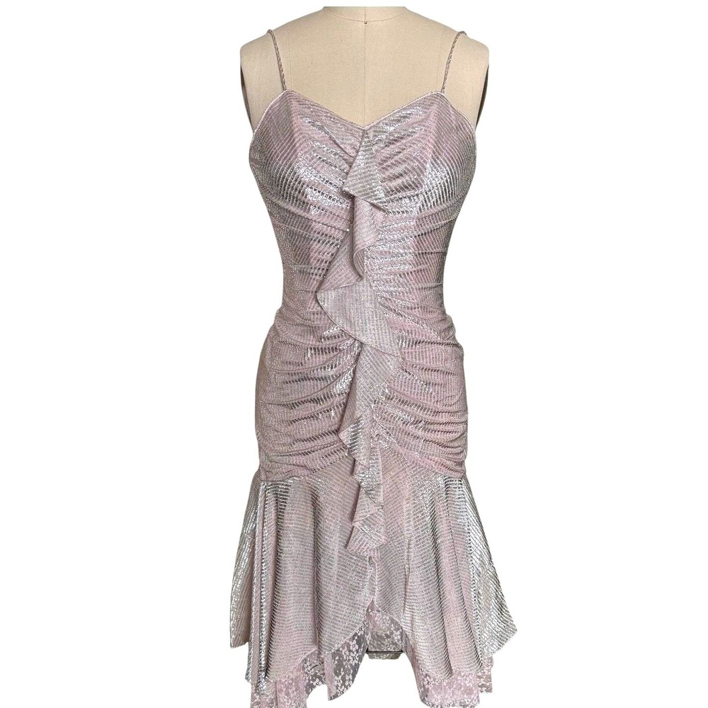 Vintage Ruched Metallic Lurex New Leaf by Samir Cocktail Dress Small Pink Silver